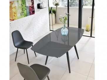 MESA EXTENSIBLE 120-180 KYOTO 120 BASE CRISTAL TEMPLADO GRIS Y PATAS METALICAS NEGRAS OM/204/G STONES